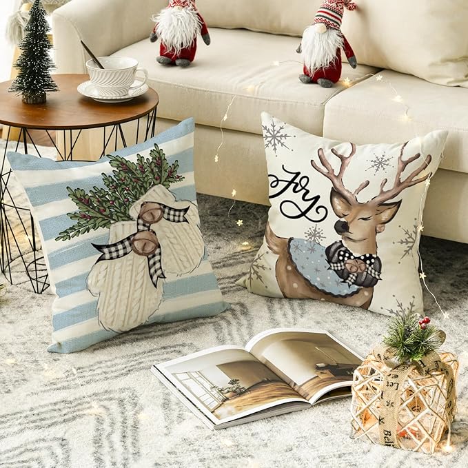 AVOIN colorlife Christmas Snowman Reindeer Gloves Eucalyptus Blue Throw Pillow Covers, 20 x 20 Inch Winter Holiday Stripes Cushion Case Decoration for Sofa Couch Set of 4