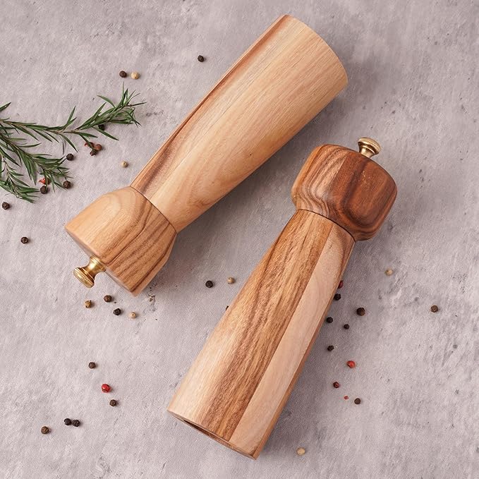 Salt and Pepper Mill Set with Tray, Adjustable Ceramic Grinder Salt Mill, Stainless Steel Grinder Pepper Mill, Acacia Wood, 20.5 cm/ 8 Inch Height, Bottom Dia 6 cm /2.36 inch