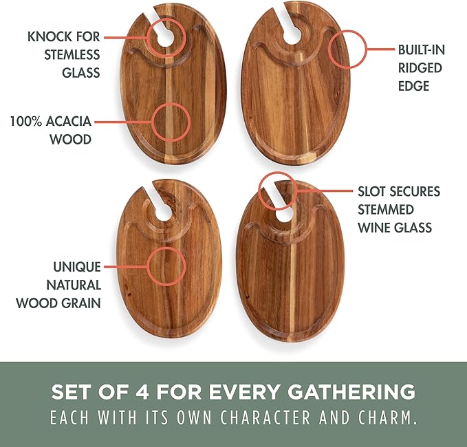 PICNIC TIME Wine Appetizer Plates, Set of 4 Wooden Cocktail Plates with Glass Holder, Mini Charcuterie Boards for Wine and Cheese Parties, Acacia Cheese Board Serving Trays (Oval - Acacia Wood)