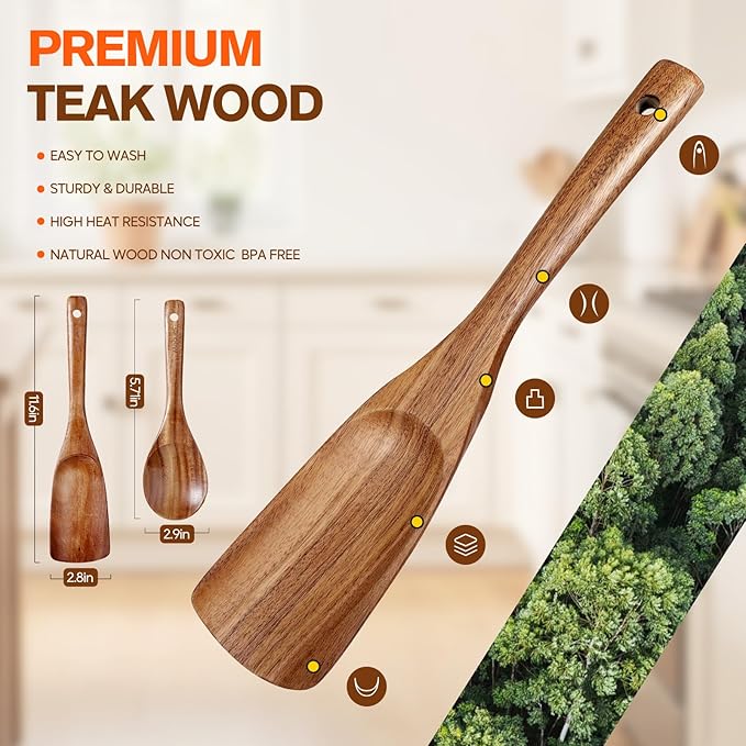Multifunction Wooden Spatula Spoon Rice Scooper, Great for Cooking and Serving, Mixing, Scoop, and Scrape, Nonstick Cookwares, BPA-Free, Heat Resistant Teak Wood Spatula for Kitchen Use