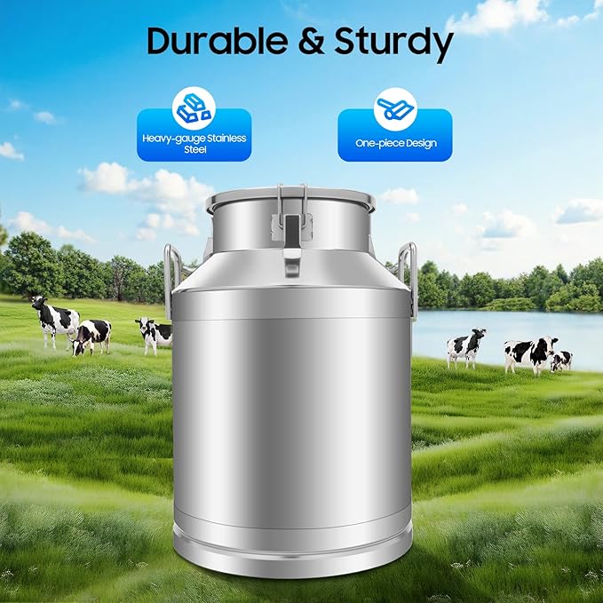 Milk Can Stainless Steel Containers with Lids Old Fashion Milk Jug Metal Bucket with Practical Handles, Sealed Bucket for Milk Water Wine Honey Oil Rice Tea Beans Grains (50 L/13.21Gal)