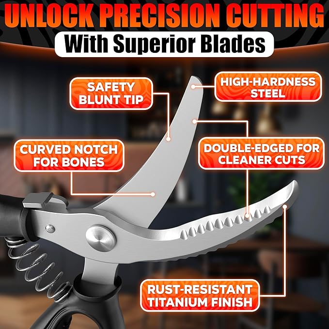 Turkey Shears - Chicken Shears – Stainless Steel Heavy Duty Poultry Scissors | Meat, Vegetables, Seafood | Fish Scale Remover & Bone Scissors | Non-Slip Serrated Saw-Like Edge, Safety Lock