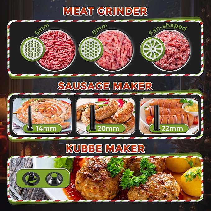 Electric Meat Grinder 3200W Heavy Duty Commercial Meat Grinders, Sausage Stuffer, Kubbe Kit with 2 Cutting Blades, 3 Grinding Plates, 3 Sausage Tubes, Metal Gearbox Meat Grinder for Home Use