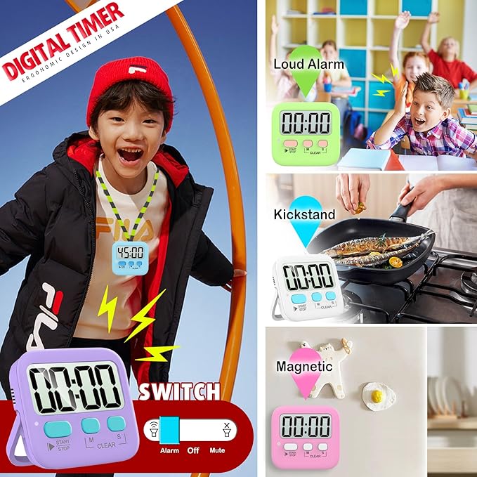 Antonki 2 Pack Digital Timer for Kids, Magnetic Countdown Kitchen Timers for Cooking, Egg, Classroom, Teacher, Exercise, Study, Oven - Battery Included