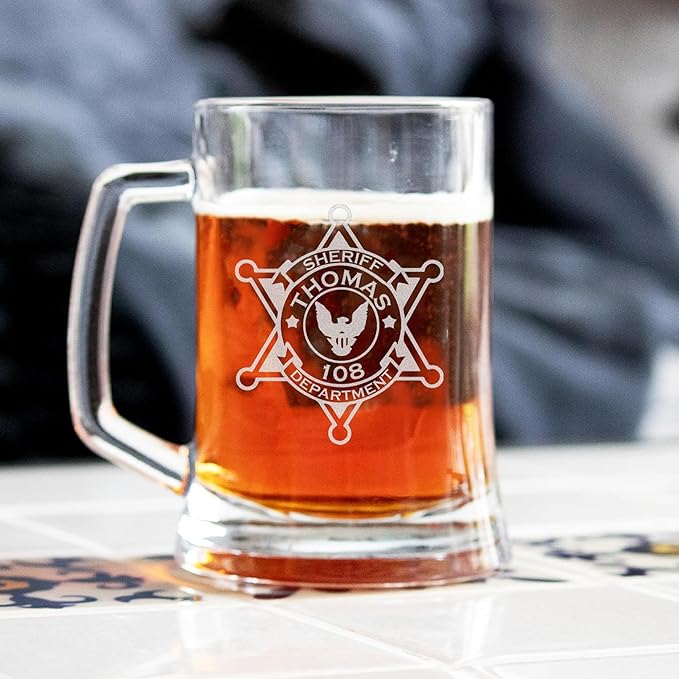 Personalized Beer Pint with Sheriff Badge for Law Enforcement, Custom Name and Number, Engraved Beer Glass with handle, Custom Gift For Men Dad Father's Day Police Officer