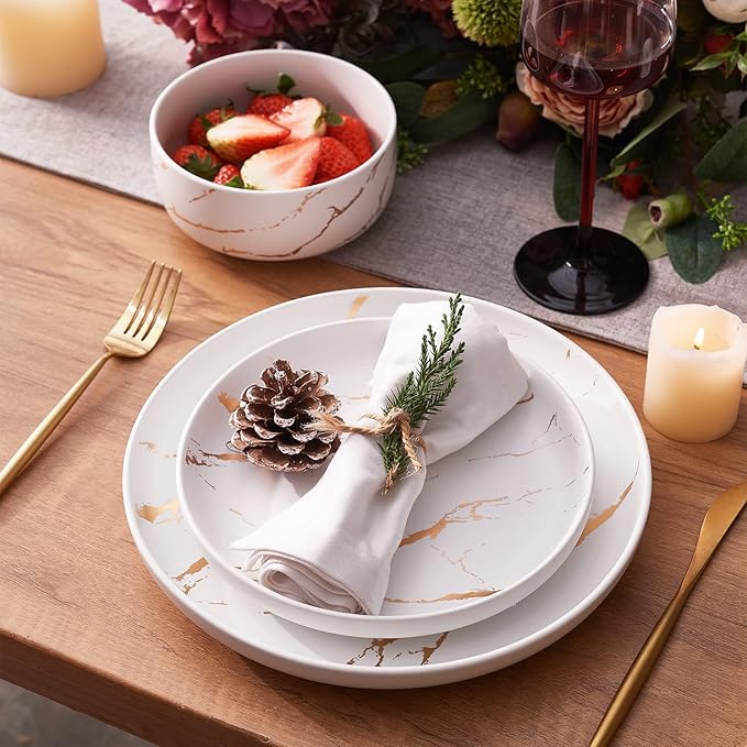 White Gold Splash Dinnerware Sets, 12 Pieces Fine China Marble Plates and Bowls Sets, Modern Porcelain Dish Set for 4, Luxury Dinner Set for Formal Dinners and Weddings