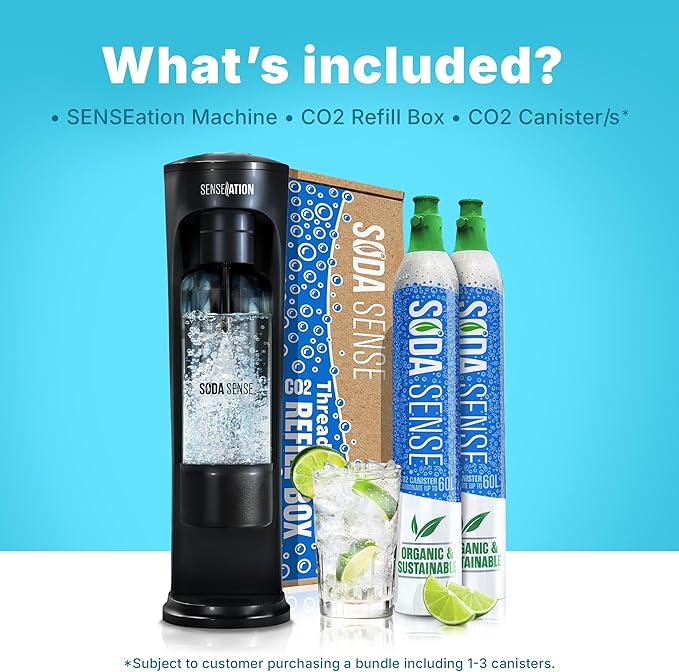 SENSEation Soda Machine Kitchen Gadgets, New Home Essentials - Sparkling Water Maker Set With 2 Threaded CO2 Cartridges & Reusable Carbonation Bottle