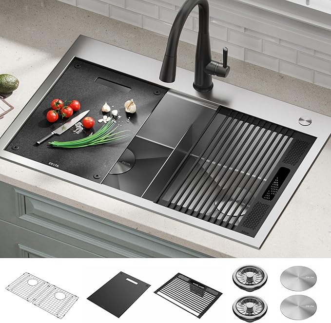 DELTA FAUCET Rivet 33-Inch Workstation Kitchen Sink Drop-In Top Mount 16 Gauge Stainless Steel 50/50 Double Bowl with WorkFlow Ledge and Chef’s Kit of 8 Accessories, 95A931-33D-SS