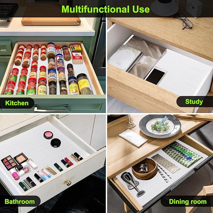 Gosmol Spice Drawer Organizer insert, Adjustable & Non-Slip Silicone Spice Drawer Liner, in Drawer Spice Organizer for Seasoning Jars and Spices Bottles -White