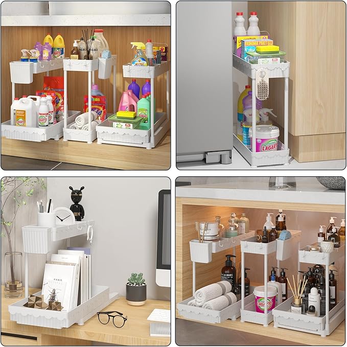 3 Pack Multi-Purpose Under Sink Organizers and Storage, 2025 L-Shaped Pull Out Cabinet Organizer for Bathroom & Kitchen, Under Cabinet Organizer with Hooks Hanging Cup, White, 14.85 inch