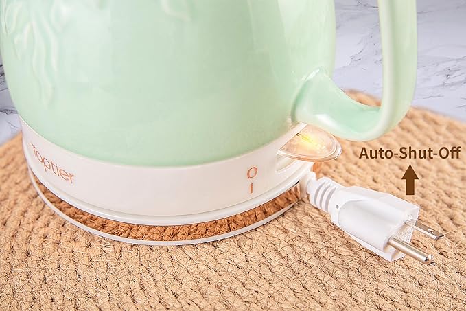 Toptier Electric Ceramic Tea Kettle, Boil Water Quickly and Easily, Detachable Swivel Base & Boil Dry Protection, Carefree Auto Shut Off, 1 L, Green Leaf