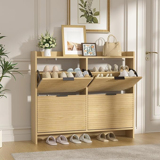 Large Shoe Storage Cabinet with 4 Flip Drawers, Wood Freestanding Shoe Organizer for Entryway Hidden Narrow Shoe Rack Cabinet, Nature Oak