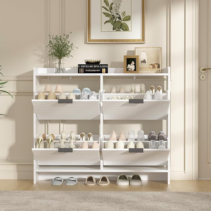 White Shoe Storage Cabinet for Entryway with 4 Flip Drawers, Narrow Wood Shoe Rack Cabinet,Hidden Slim Shoe Storage Freestanding Shoe Organizer Cabinet for Hallway