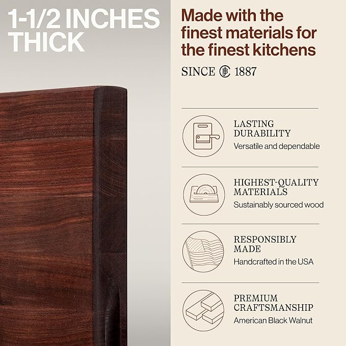 John Boos R-Board Series Rectangular Wooden Walnut Cutting Board 24”x18” – 1.5” Thick, 17-lb Reversible Butcher Block with Edge-Grain & Finger Grips – Made in the USA