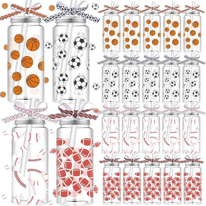 Hushee 24 Pcs 14.2 oz Sports Plastic Tumbler with Lid and Straw Basketball Football Baseball Soccer Clear Plastic Cups with 4 Sports Themed Ribbons Reusable Cups for Birthday Party Favors