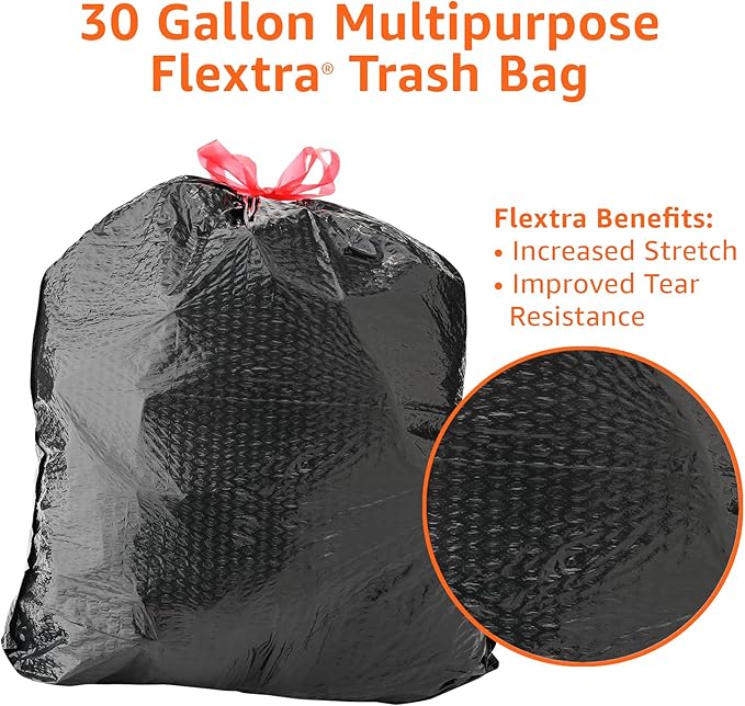 Amazon Basics Flextra Multipurpose Drawstring Trash Bags, 30 Gallon, 50 Count (Pack of 6)