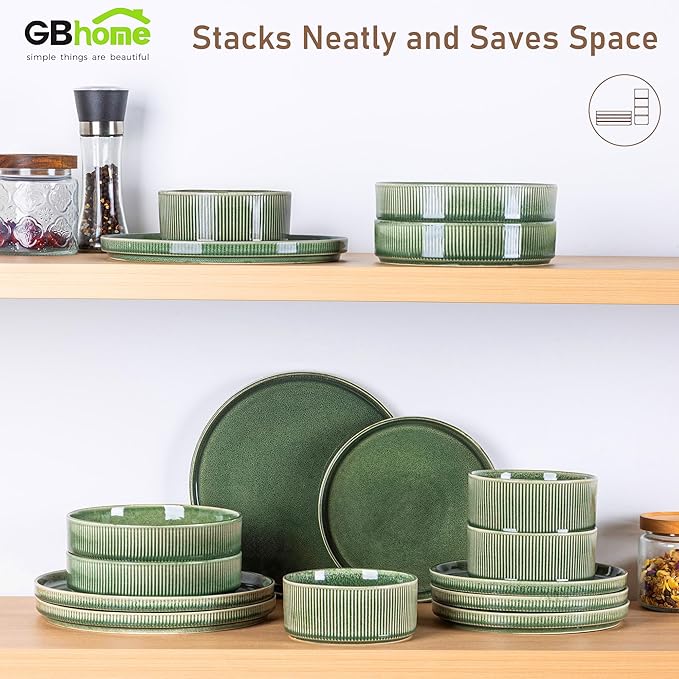 GBHOME Stoneware Dinnerware Sets for 8,Round Reactive Glaze Ceramic Plates and Bowls Set,Highly Scratch Resistant | Dishwasher & Microwave Safe Dishes Set,Service for 8(24Pcs),Dark Green