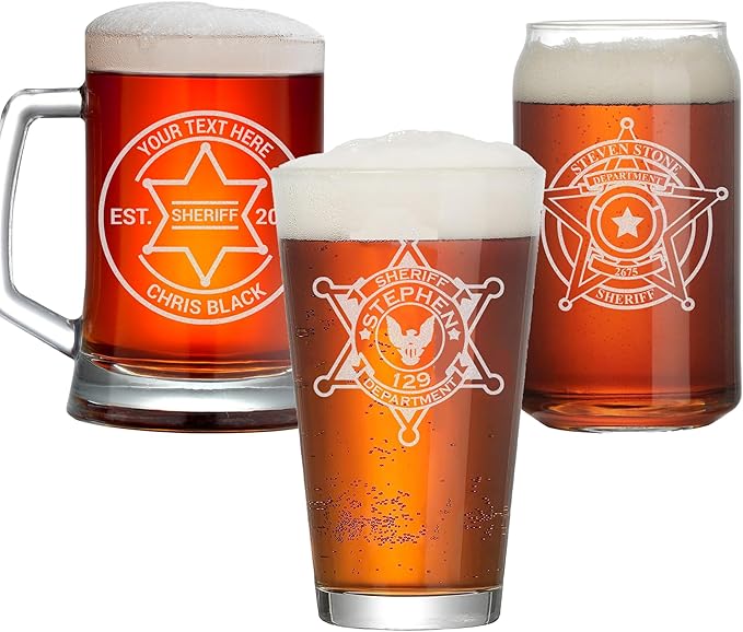 Personalized Beer Pint with Sheriff Badge for Law Enforcement, Custom Name and Number, Engraved Beer Glass with handle, Custom Gift For Men Dad Father's Day Police Officer