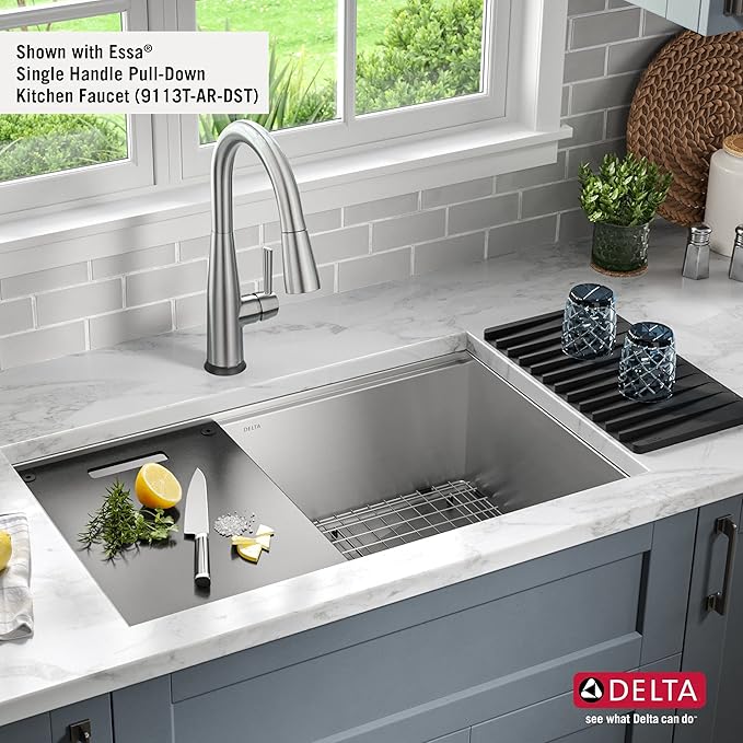 DELTA FAUCET Rivet 30-Inch Workstation Kitchen Sink Undermount 16 Gauge Stainless Steel Single Bowl with WorkFlow Ledge and Chef’s Kit of 6 Accessories, 95B931-30S-SS