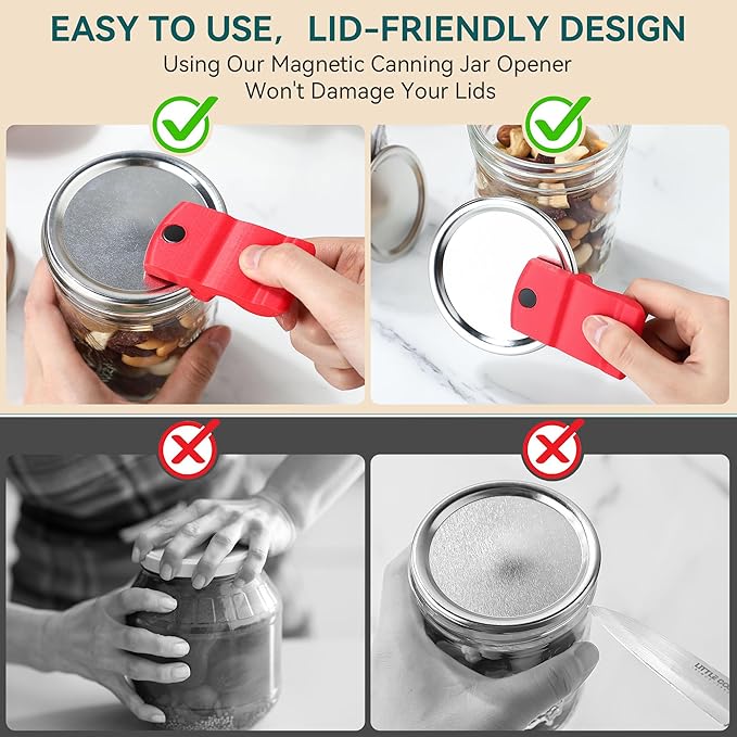 2 Pack Canning Jar Opener with Magnets, Mason Jar Opener For Canning Lids, for Regular and Wide Mouth Lids, Powerful Magnet for Easy Refrigerator Storage, Releases Vacuum Seal(Red)
