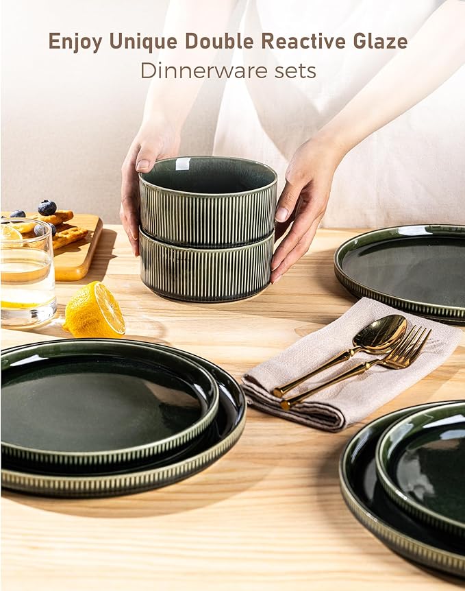 GBHOME Stoneware Dinnerware Sets for 4,Round Reactive Glaze Ceramic Plates and Bowls Set,Highly Scratch Resistant | Dishwasher & Microwave Safe Dishes Set,Service for 4(12Pcs),Earth Green