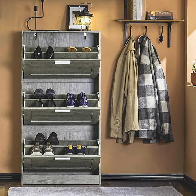 Shoe Cabinet for Entryway, 3-Tier Flip Drawer Narrow Shoe Storage Cabinet with Divider, Tall Slim Shoe Organizer for Small Spaces, Slim Shoe Rack Freestanding, Gray, HUS-FSR137-L