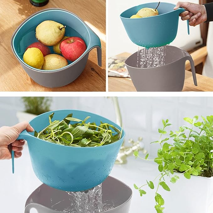 2 in 1 Colander with Long Handle Strainer and Mixing Bowl, Fruit Vegetable Washing Basket, Double Layered Strainer, Non-slip Bottom, Stackable, Dishwasher Safe, Soaking Draining and Straining