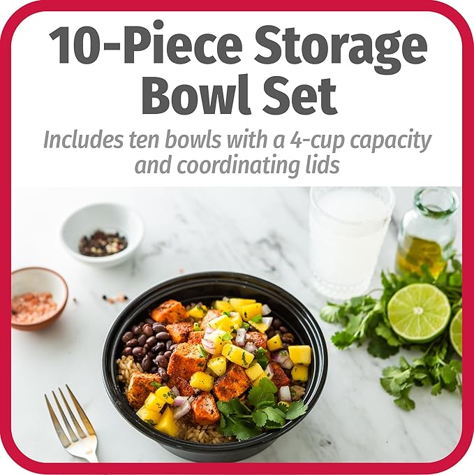 GoodCook 4-Cup Meal Prep Bowls Set with Lids and Dressing Cup, Microwavable Food Storage Containers for Meal Prepping, Set of 10, Black (Pack of 4)