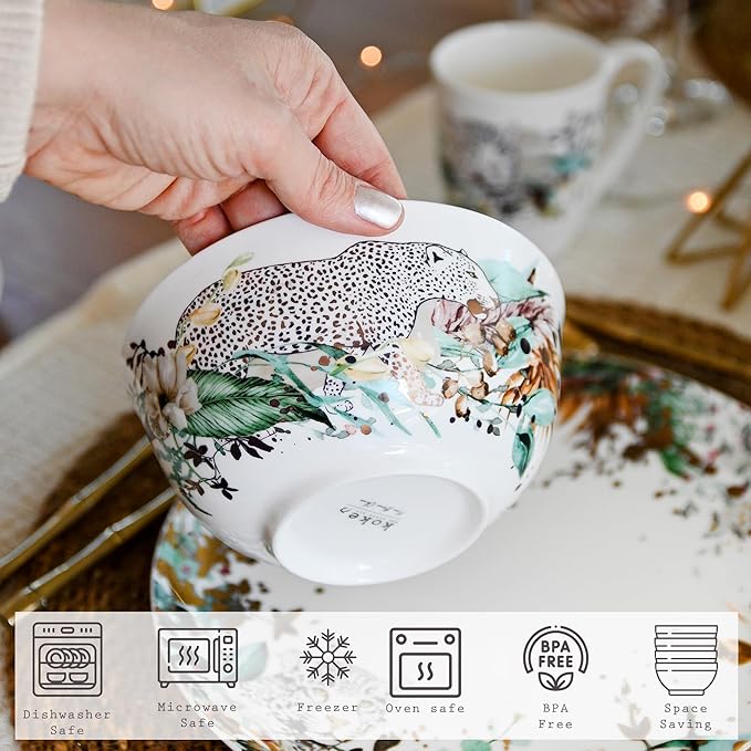 Jungle Plates and Bowls Sets Dishes Set for 4, Ceramic Plates and Bowls Set, Service for 4, Bone China Dinnerware Set Salad Dessert Plates, and Cereal Bowls Set, Microwave safe by KOKEN
