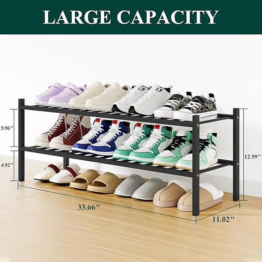 Smiry Shoe Rack, 2 Tier Long Bamboo Shoe Organizer, Stackable Free Standing Wooden Shoe Storage Shelf for Closet, Entryway, Front Door Entrance, Black