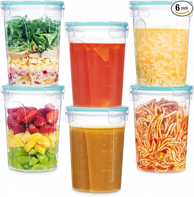 Vtopmart 6 Pack 32oz Deli Containers with Airtight Lids, Freezer Soup Containers for Take-out, Plastic Reusable Food Storage Container for Meal Prep, Salad, Leftover, Lunch, Microwave/Dishwasher Safe