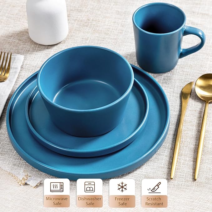 Plates and Bowls Sets for 4 - CJDC-QUELO 16 Piece Stoneware Dinnerware Sets with Mugs, Ceramic Dishware Sets for Kitchen Dining Use, Chip and Scratch Resistant Microwave Dishwasher Safe, Blue