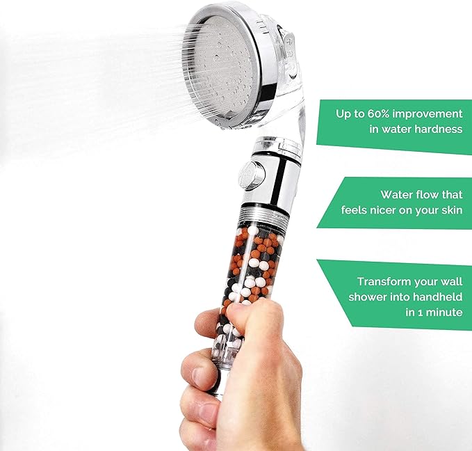 Original StoneStream EcoPower High Pressure Handheld Shower Head with ON OFF switch- 3 Spray Settings with Hose, Wall Adapter and Replacement Beads