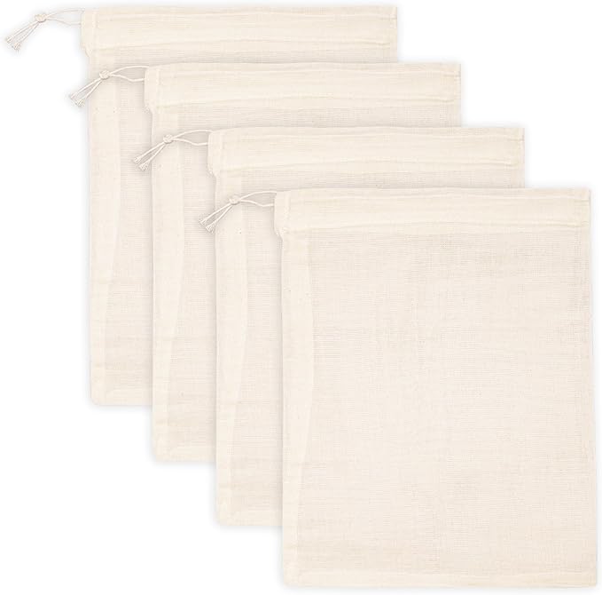 PurpleEssences Empty Spice Bags for Cooking Soup - Natural Unbleached Cotton Muslin Drawstring Cheesecloth Bags for Tea, Herbs, Bone Broth, Cold Brew & Straining - Natural (4, 10 x 12 Inch)