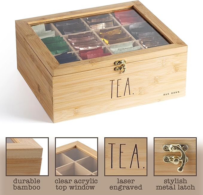 Rae Dunn Tea Bag Organizer - Tea Box Divided Storage Container Box with Hinge Lid for Kitchen Cabinet, Countertop, Pantry, Hold Coffee Pods, Seasoning Packets, Condiments, Bamboo