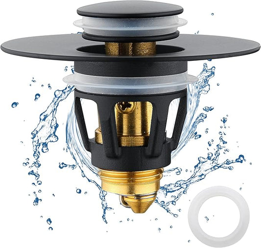Black Bathroom Sink Drain Stopper, Sink Stopper Fits for 1.25" Drain Hole with 3 Rubber Rings, Anti Clogging Pop up Drain Filter Plug, Wash Basin Strainer with Basket, Matte Black
