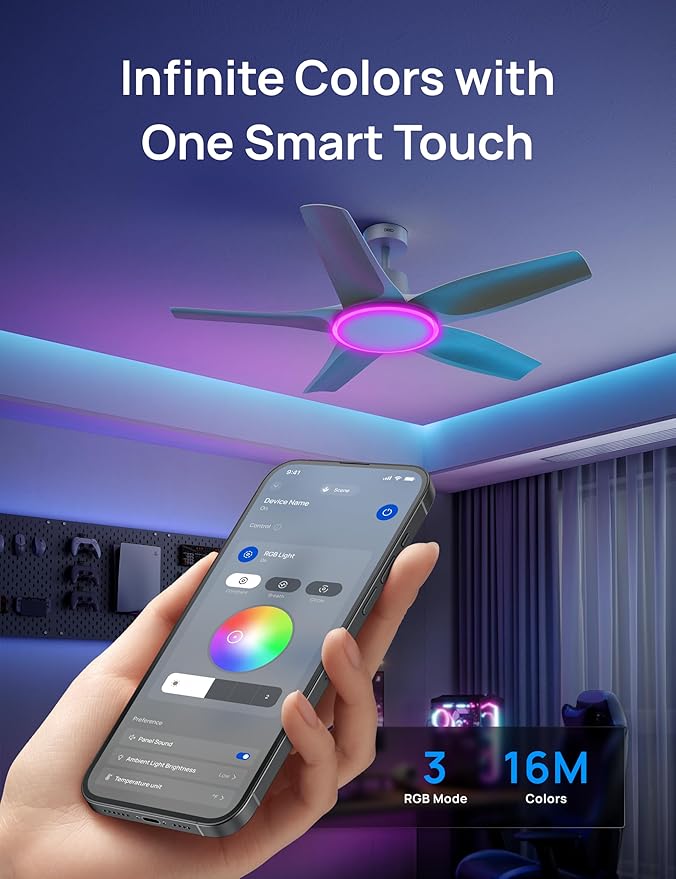 Dreo Smart Ceiling Fans with Lights, Low profile Ceiling Fan with Alexa/App, 52'' Dimmable Lighting & Color Tuning, RGB Ambient Light for Living Room, Game Room, Easy Installation, Quiet, White