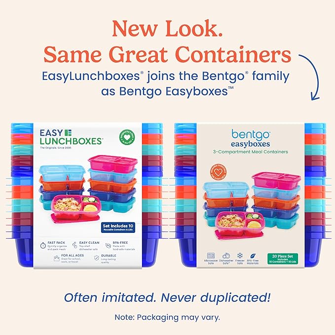 Bentgo Easyboxes - Original Stackable Lunch Boxes - Reusable 3-Compartment Food Containers for Kids and Adults - Bento Lunch Box for Meal Prep, School, & Work - BPA Free, Set of 10 (Jewel Brights)