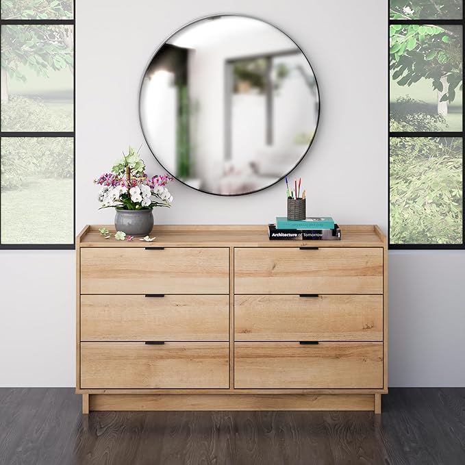 Prepac Simply Modern 6-Drawer Double Dresser for Bedroom, Chest of Drawers, Modern Bedroom Furniture, 52.5” Wide x 16” deep x 29.5” Tall, Oak