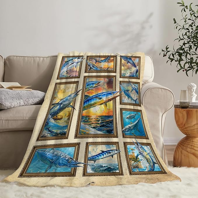 Fishing Blanket Fish Throw Blanket Cozy Plush Fleece Flannel Fishing Lover Gifts Blankets for Girls Boys Women Men 80"X60"
