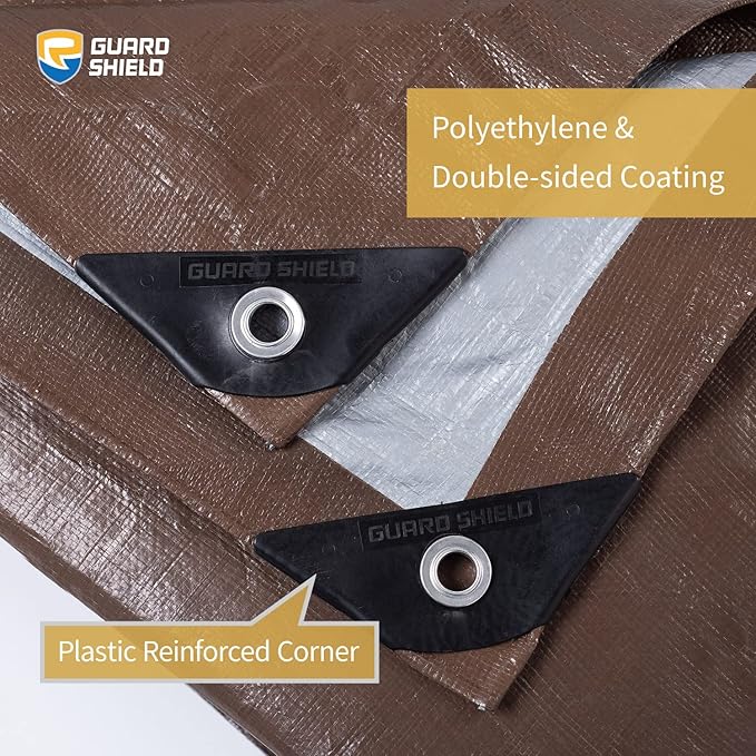 GUARD SHIELD Tarps Heavy Duty Waterproof 12x20 Feet Brown/Silver Poly Tarp Cover Outdoor Thick UV Resistant Tarpaulin with Grommets 10mil (2-Pack)