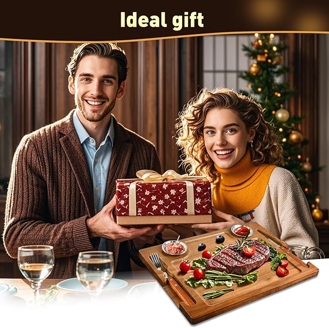 Acacia Wooden Steak Plates Board for Eating Set of 2,15.7" Meat Cutting Boards for Steak Food Serving Tray with Fork, Knife & Ramekins,Charcuterie Platter for Kitchen, BBQ & Entertaining