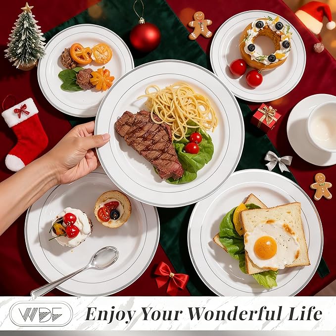 WDF 120PCS Plastic Christmas Plates White Silver Rim - Disposable Plates including 60PCS for Dinner 10.25inch, 60 Salad/Dessert Plates 7.5inch Heavy Duty Wedding