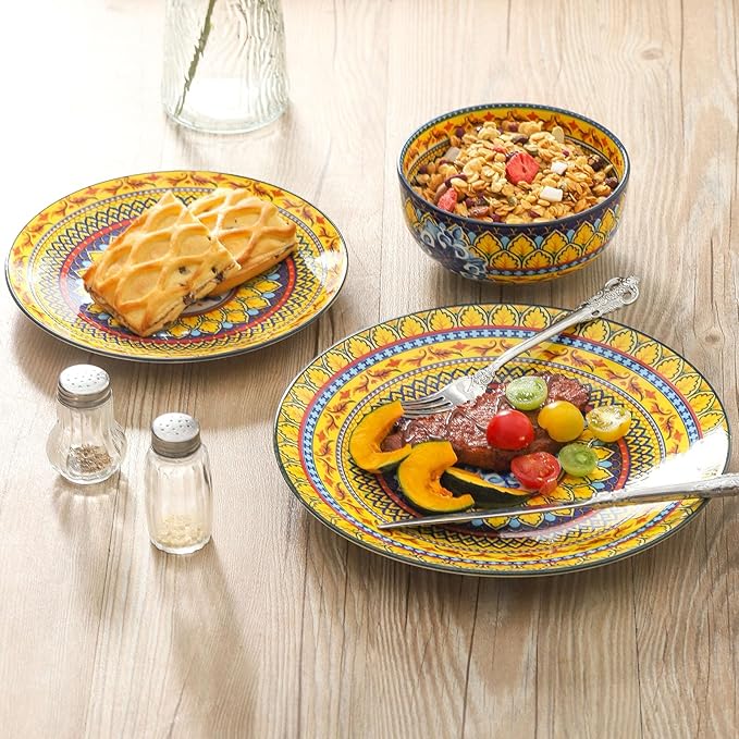 glowworm Dinnerware Sets for 6, 18 Pieces Plates and Bowls Set, Ceramic Dishes Set for 6, Oven, Microwave & Dishwasher Safe, Scratch Resistant, Bohemian