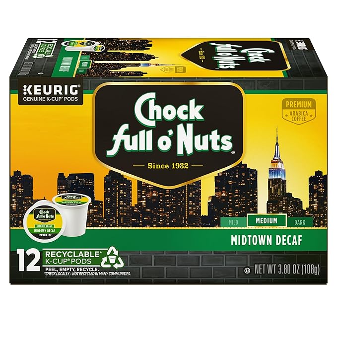 Chock Full o' Nuts Midtown Decaf Keurig K-Cup Pods for Keurig Brewers – Premium Arabica, Medium Roast – Single Serve – 1 Pack of 12 K-Cup Pods