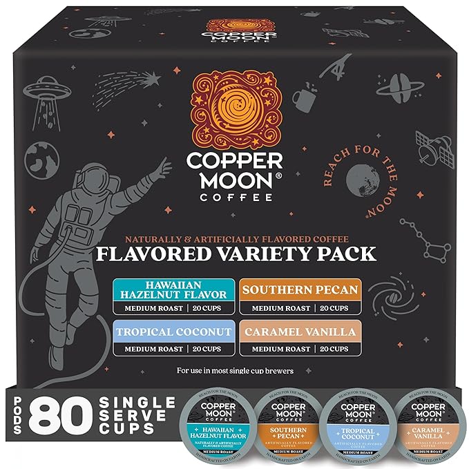 Copper Moon Single Serve Coffee Pods For Keurig K-Cup Brewers, Light/Medium Roast, Flavored Variety Pack, 80 Count