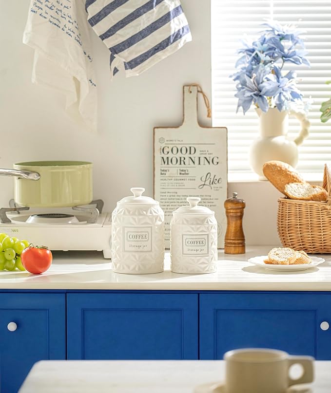 Azure Starfield Ceramic Canisters Sets For The Kitchen Canisters For Countertop Set of 3 Airtight Coffee Canisters For Ground Coffee Sugar Container Tea Storage Jars With Lids Farmhouse Decor