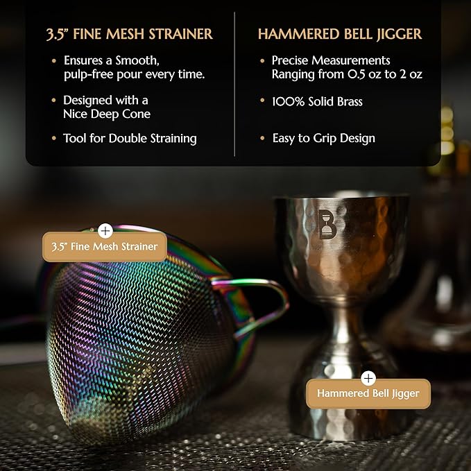 5 Piece Cocktail Kit by Bull In China - Premium Bartender Gift Set Includes Weighted 2 Piece Boston Shaker, Hammered Bell Jigger, Hawthorne Strainer & Fine Mesh Strainer (Gold)