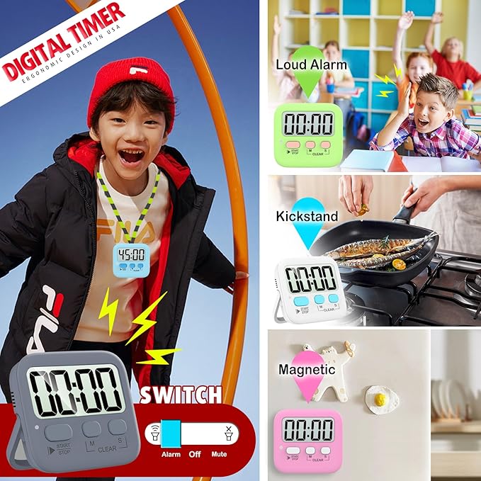 Antonki 2 Pack Digital Timer for Kids, Magnetic Countdown Kitchen Timers for Cooking, Egg, Classroom, Teacher, Exercise, Study, Oven - Battery Included