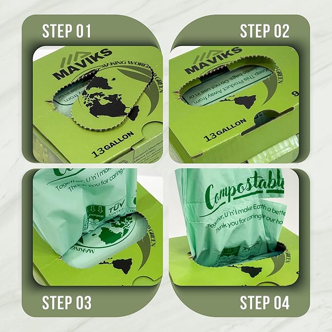 Super Durable Biodegradable Compostable Trash Bags 13 Gallons / 49.2 Liter, Green Biodegradable Trash Bags 80 Pcs, Small Kitchen Compost Bags for Countertop Bin, BPI & OK Compost Certified
